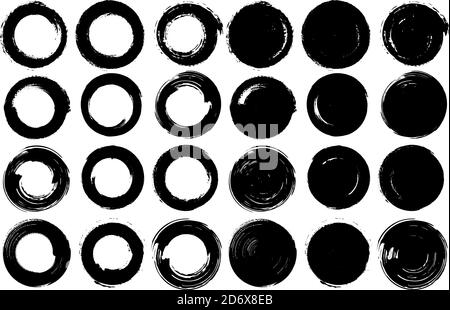 Set of vector circles with irregular stroke. Round brushstroke Different thicknesses and stroke style. Isolated figure. Grunge style. Stock Vector