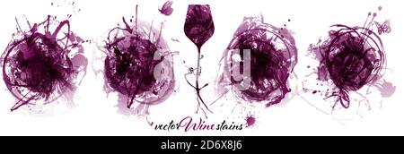 Set with strokes backgrounds and red wine stains. Artistic graphic resource for your wine designs. Handmade strokes. Illustration of wine glass and te Stock Vector