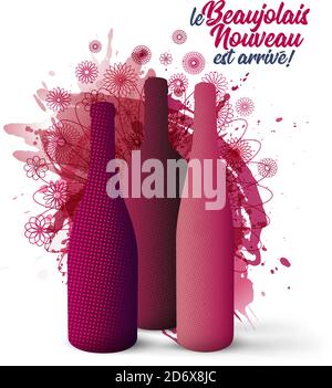 Illustration with volume of wine bottles. text in French "le Beaujolais Nouveau est arrivé", the new Beaujolais has arrived. background wine stains an Stock Vector