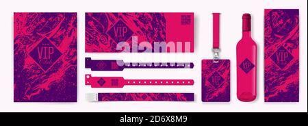 Set with design templates for VIP invitation, access bracelets, lanyard, ticket, wine bottle and wine packaging. Marble textured background with brigh Stock Vector