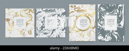 Set of design templates with golden texture, marble effect. Luxury and elegance. Goldand white color. Suitable for wedding invitations, VIP events, co Stock Vector