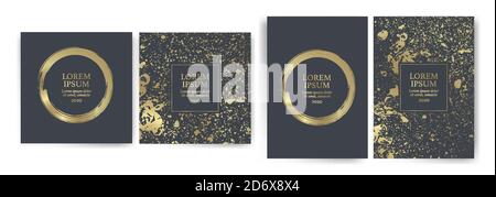 Set of design templates with golden texture background. Suitable for wedding invitations, VIP events and parties, covers, promotions. Cards, flyers, b Stock Vector