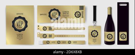 Set with design templates for VIP invitation, access bracelets, lanyard, ticket, wine bottle and wine packaging. Golden and black colors, luxurious st Stock Vector