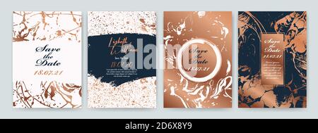 Set of design templates with copper texture, marble effect. Luxury and elegance. Copper, blue navy and white color. Suitable for wedding invitations, Stock Vector