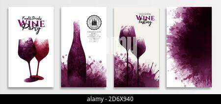 Templates with wine designs. Red wine stains Illustration of glass and bottle of wine. Social media banners, cards, covers, brochures, textured backgr Stock Vector