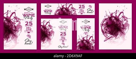 Set of templates in different formats with red wine stain backgrounds. Banners, flyer, poster, card. Vector illustration Stock Vector