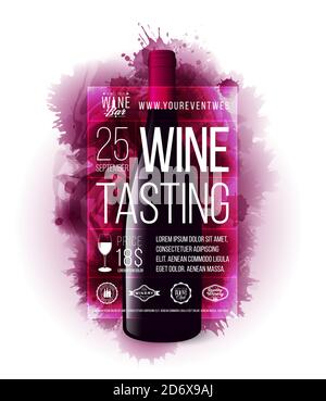 Template design with wine stains in the background and wine bottle illustration. Sample text for layout. Idea for wine events, commercial presentation Stock Vector