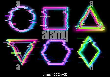 Colorful glitch geometric shapes, frames set with neon effect Stock Vector