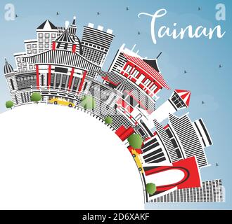Tainan Taiwan City Skyline with Gray Buildings, Blue Sky and Copy Space. Vector Illustration. Stock Vector