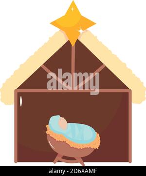 icon of baby jesus in a manger over white background, flat style, vector illustration Stock Vector