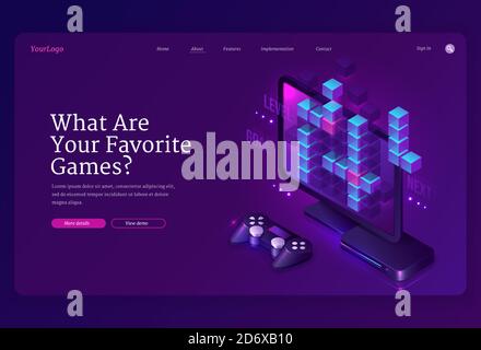 What you favorite games banner. Video and online games development, digital gadgets for players. Vector landing page with isometric computer monitor, console and joystick Stock Vector