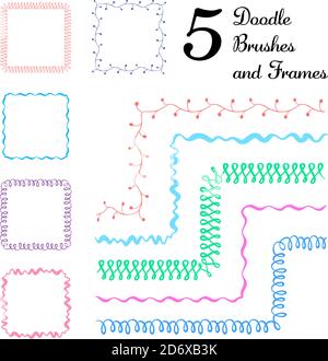 Vector set of five hand drawn brushes with corner tiles. Seamless pattern of different colors for frames, borders and design elements. Vector isolated Stock Vector