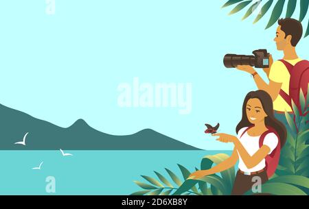 Young couple travel in the jungle. Seashore in the background. A man takes pictures with a camera. Girl admires a tropical butterfly. Banner with plac Stock Vector