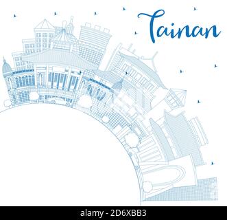 Outline Tainan Taiwan City Skyline with Blue Buildings and Copy Space. Vector Illustration. Stock Vector