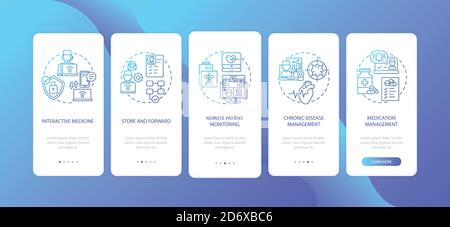 Telemedicine services types onboarding mobile app page screen with concepts Stock Vector