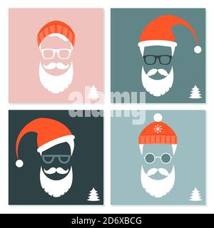 Set of faces with Santa hats, mustache and beards. Various doodles Christmas Santa design elements. Holiday icons Stock Vector