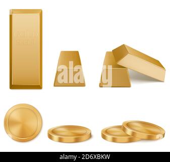 Golden bars, yellow metal ingots and coins isolated on white background. Concept of money investment, solid currency, financial reserve. Vector realistic set of pure gold bullions and coins top view Stock Vector