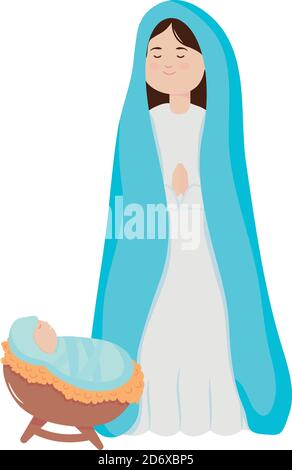 Nativity concept, Virgin Mary and baby jesus icon over white background, flat style, vector illustration Stock Vector