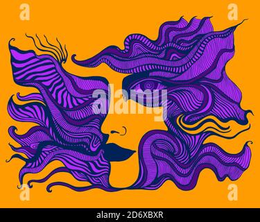 Surreal psychedelic colorful anthropomorphic face with spiral eye, of crazy patterns in purple, dark violet color, isolated on orange background. Fant Stock Vector