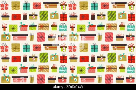 Funny Christmas seamless pattern full of little gift boxes isolated on light background. EPS 10 vector illustration. Stock Vector