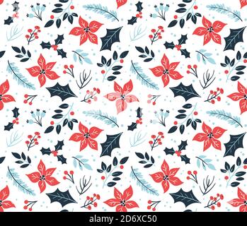 Floral Christmas seamless pattern with cold winter flowers and branches. White background. EPS 10 vector illustration. Stock Vector