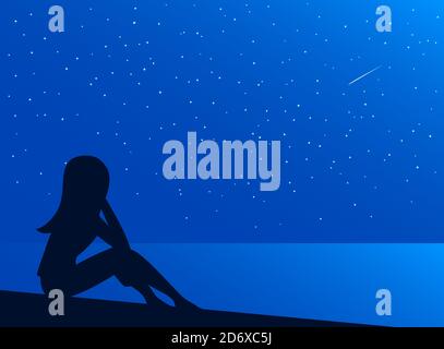 The girl sits on the shore of the night sea. Seascape with stars. Falling meteorite. Vector illustration of nature for background. Stock Vector