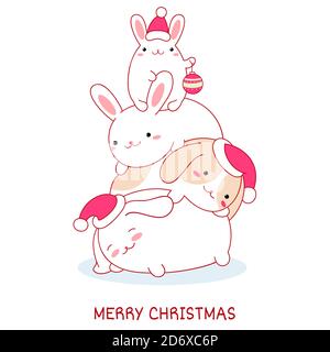 Merry Christmas. Xmas card with cute family of bunnies. Isolated on white background. Four funny cartoon rabbits in pyramid composition. Vector illust Stock Vector