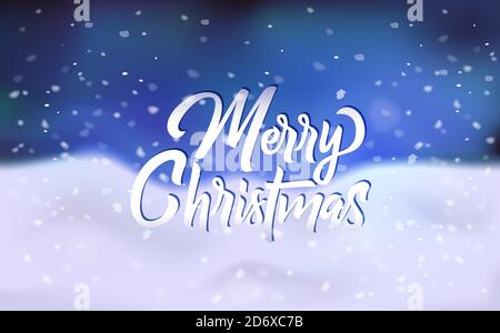 Merry Christmas congratulation banner, poster, greeting card with snowdrift and falling snowflakes on dark blue sky, vector illustration Stock Vector