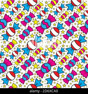 Colorful seamless pattern with various sweet candies and star shapes element. Background design template. Flat cartoon with outline stock vector Stock Vector