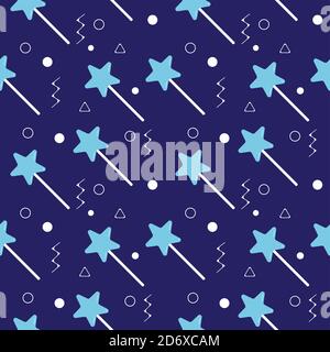 Star shaped lollipop seamless pattern on dark blue color background. Light blue magical stick vector illustration for christmas, new year or halloween Stock Vector