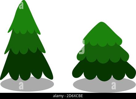 Set of two green christmas trees drawn in the cartoon style on transparent background Stock Vector