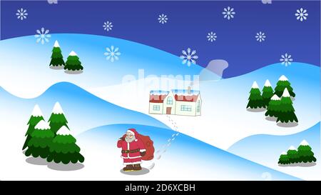 Landscape with Christmas trees, Santa and house in resolution 16:9 Stock Vector