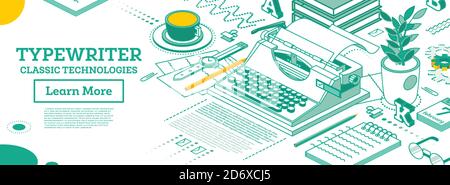 Isometric Vintage Typewriter. Writer Editor Journalist or Copywriter Workspace. Vector Illustration. Outline Papers, Diary and Coffee Mug. Stock Vector