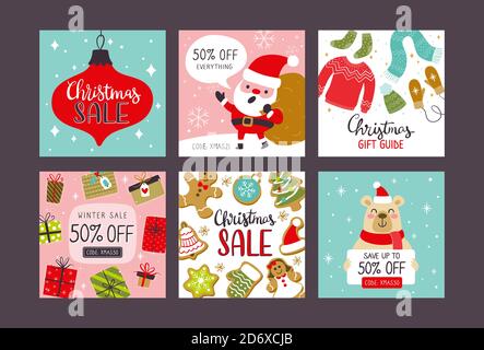 Collection of christmas sale square banners for social media posts. EPS10 vector illustration. Stock Vector