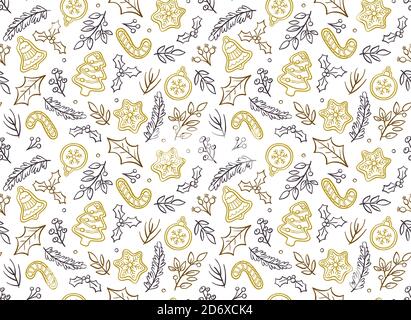 Elegant christmas seamless pattern with hand drawn elements isolated on white background. EPS 10 vector illustration. Stock Vector