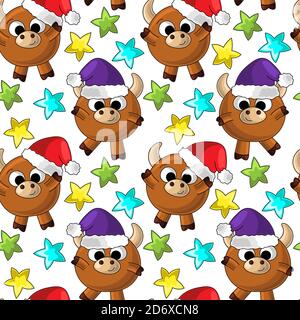 Seamless vector pattern with new year bulls and stars Stock Vector