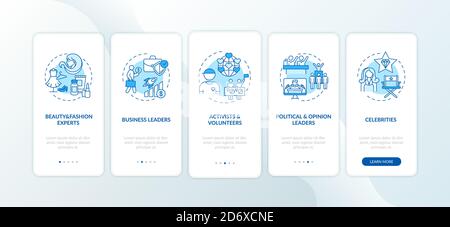 Influencers types onboarding mobile app page screen with concepts Stock Vector