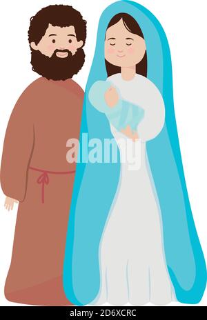 Nativity family, Joseph and virgin mary holding a baby jesus in her arms over white background, flat style, vector illustration Stock Vector