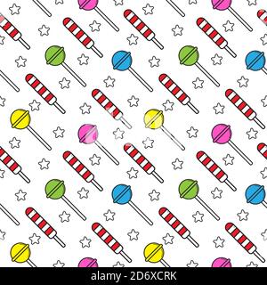 Seamless pattern with various lollipop candies and rounded star shapes element on white color background. Flat cartoon stock vector illustration. Suit Stock Vector