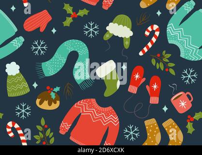 Christmas seamless pattern with winter clothes and accessories. Dark blue background. Keep warm concept. EPS 10 vector illustration. Stock Vector