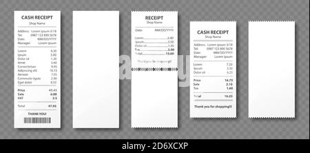 Cash receipt, paper bill, purchase invoice, supermarket shopping retail sum check and total cost store sale payment, empty and filled blank isolated on transparent background. Realistic 3d vector set Stock Vector