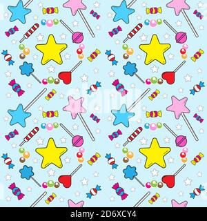 Seamless pattern with various sweet candies element on light blue color background. lollipop, candy ball, rounded star. Vector illustration design Stock Vector