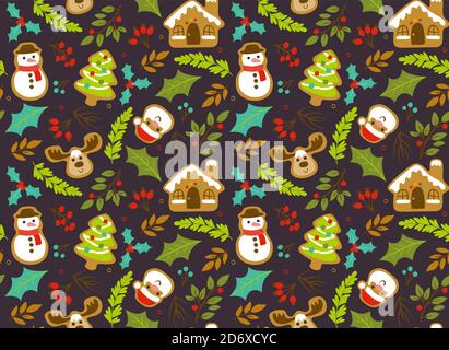 Christmas seamless pattern with seasonal leaves; branches and christmas gingerbread cookies. Dark brown background. EPS 10 vector illustration. Stock Vector