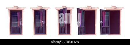 Cartoon door opening motion sequence animation. Close, slightly ajar and open wooden doorways with glass windows, curtain and darkness inside. Home facade, entrance. Vector illustration, icons set Stock Vector