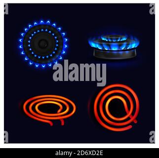 Hotplates, burning gas stove and electric coil, blue flame and red electric spiral top and side view. Kitchen burner with lit hobs, cooking oven, isolated glowing cooktops, Realistic 3d vector set Stock Vector