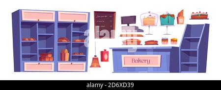 Bakery products and bake house interior stuff, confectionery shop. Wooden shelves with sweets, cakes, cupcake on trays and fresh bread. Chalkboard menu, cashier desk, lamp cartoon vector icons set Stock Vector