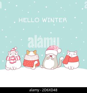 Hello winter. Christmas greeting card with four cute fat cats in scarves and hats. Four lovely cats in kawaii style on snow. Vector EPS8 Stock Vector