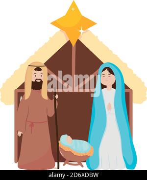 cartoon nativity manger scene icon over white background, flat style, vector illustration Stock Vector