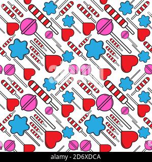 Colorful seamless pattern with various lollipop candies. Background design template. Flat cartoon stock vector illustration. Stock Vector