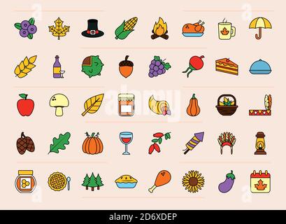 icon set of thanksgiving over white background, line and fill style, vector illustration Stock Vector